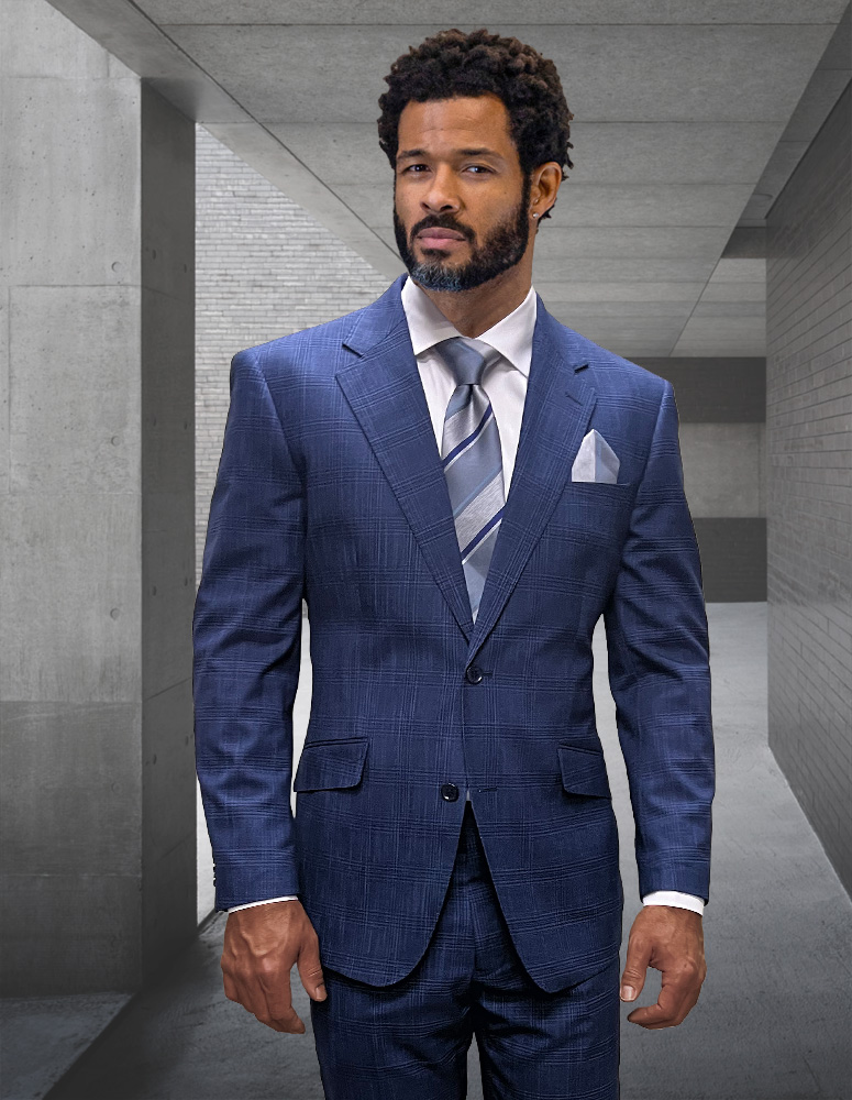 STATEMENT CONFIDENCE 2PC PLAID BLUE SUITS SUPER 200'S ITALIAN WOOL AND CASHMERE. MODERN FIT FLAT FRONT PANTS  