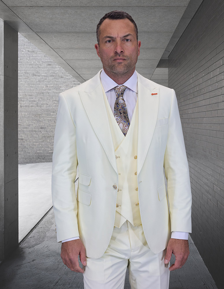 STATEMENT 3PC OFFWHITE ITALIAN SUPER 200'S WOOL SUIT. MODERN FIT FLAT FRONT PANTS WITH GOLD BUTTONS. 