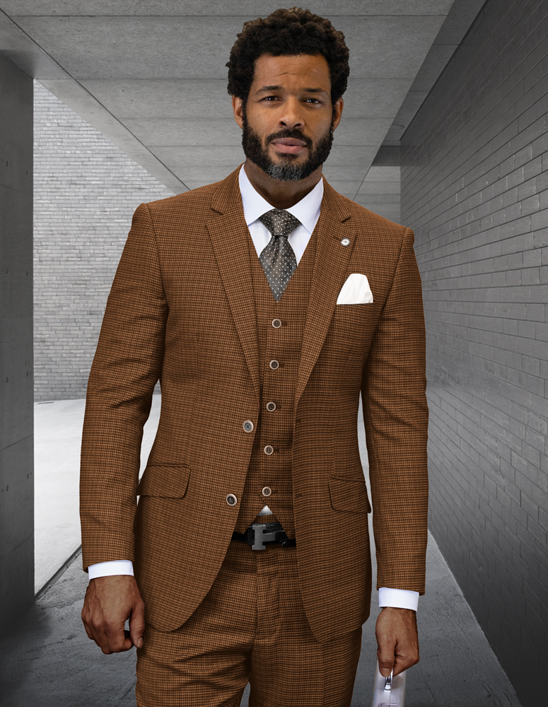 STATEMENT 3PC ITALIAN WOOL SUIT. SUPER 200'S. MODERN FIT FLAT FRONT PANTS 