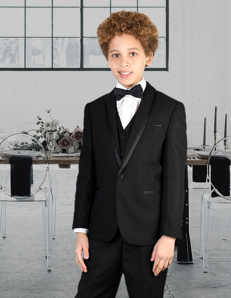 B-CAESAR BLACK 5PC TUXEDO BOY SUIT INCLUDING SHIRT AND BOW TIE