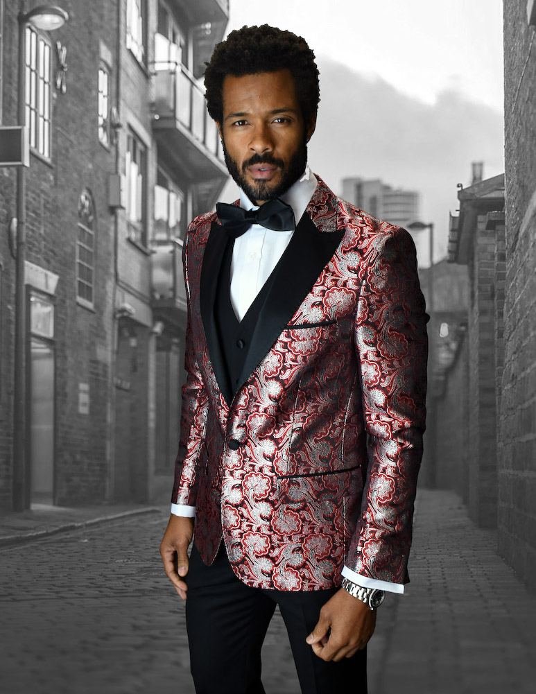 Bellagio-4 CLASSIC RED 3PC 1 BUTTON MENS SUIT WITH TRIM ON THE COLLAR SUPER  150'S EXTRA FINE ITALIAN FABRIC INCLUDING BOW TIE :: 3PC VESTED WITH  PATTERN :: ITALSUIT