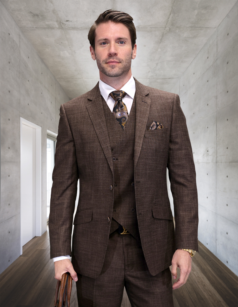 STATEMENT 3PC BROWN SUIT WITH DOUBLE BREASTED VEST. SUPER 200'S ITALIAN WOOL AND CASHMERE FABRIC. MODERN FIT FLAT FRONT PANTS 