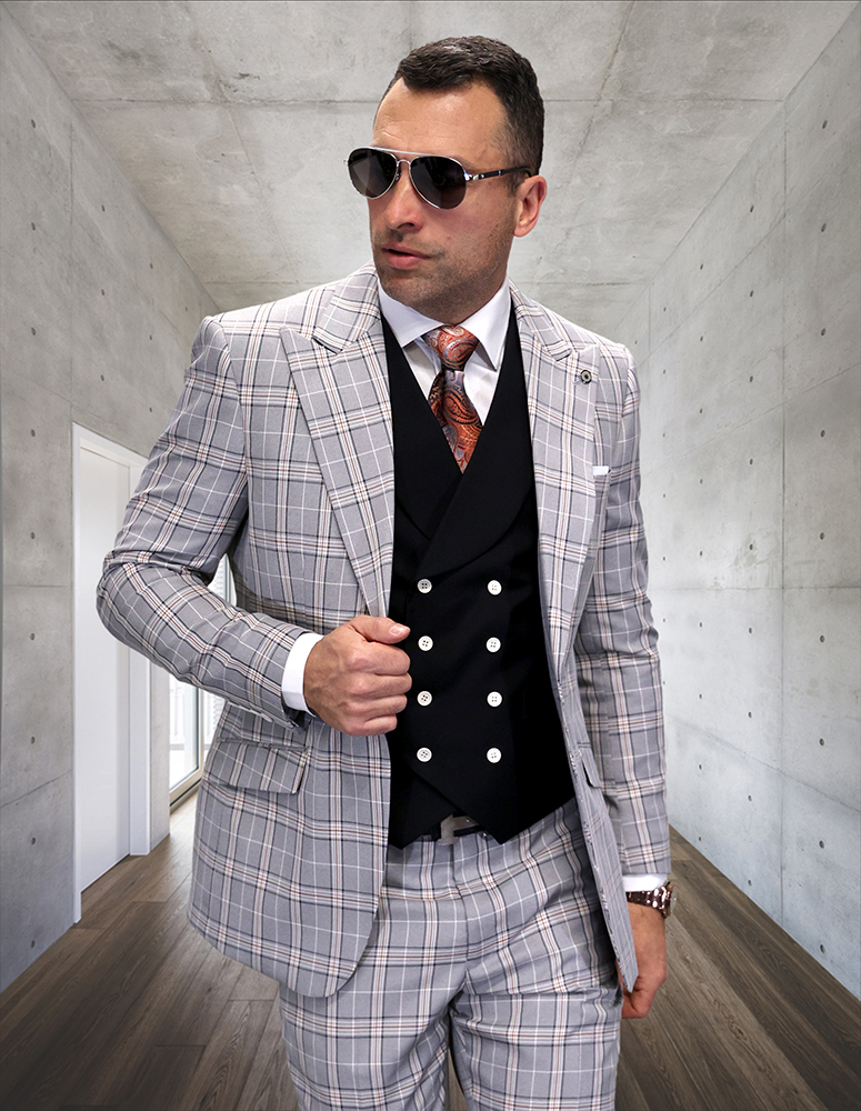 3PC PLAID SUIT WITH SOLID COLOR CONTRAST DOUBLE BREASTED VEST. SUPER 200'S ITALIAN WOOL AND CASHMERE FABRIC. MODERN FIT FLAT FRONT PANTS  