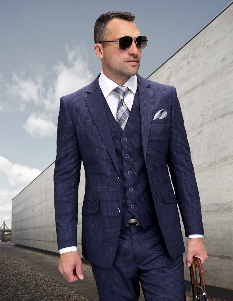 STATEMENT 3PC NAVY SUIT WITH DOUBLE BREASTED VEST. SUPER 200'S ITALIAN WOOL AND CASHMERE FABRIC. MODERN FIT FLAT FRONT PANTS  