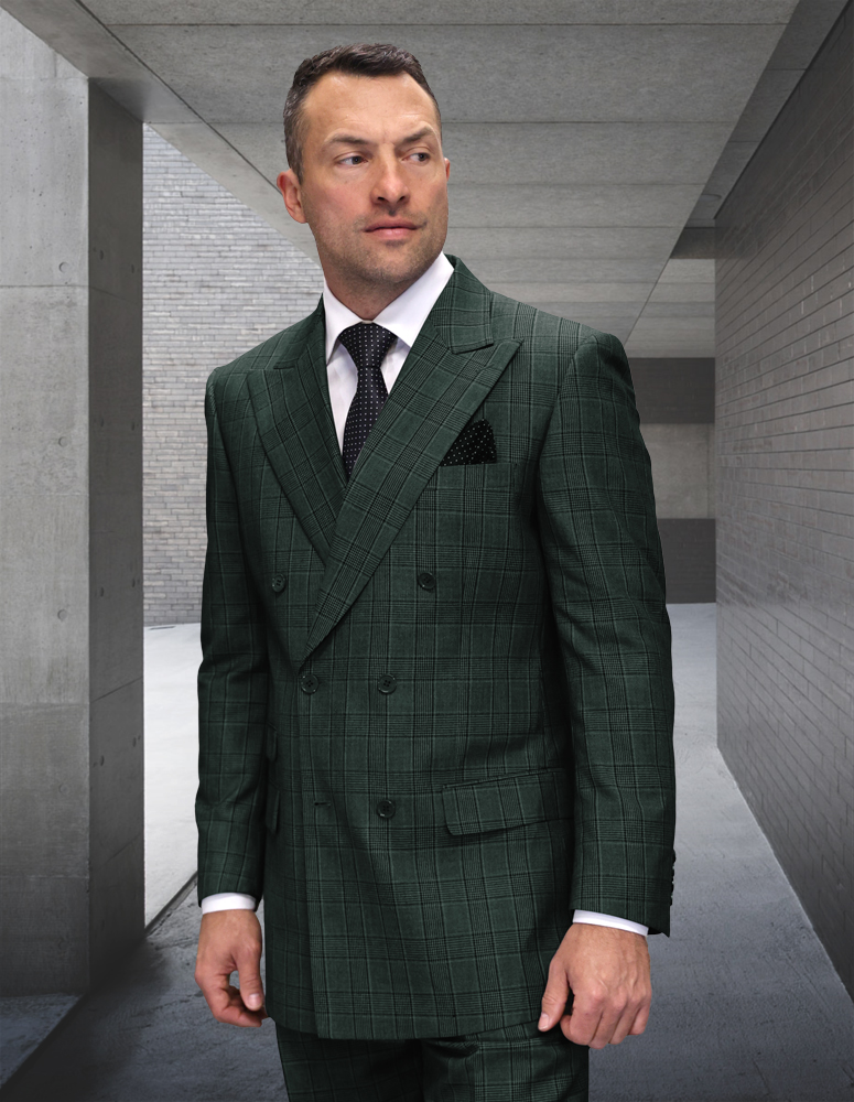  2PC PLAID DOUBLE BREASTED SUIT. REGULAR FIT PLEATED PANTS. SUPER 200'S ITALIAN WOOL FABRIC 