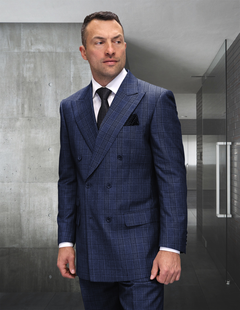  2PC PLAID DOUBLE BREASTED SUIT. REGULAR FIT PLEATED PANTS. SUPER 200'S ITALIAN WOOL FABRIC