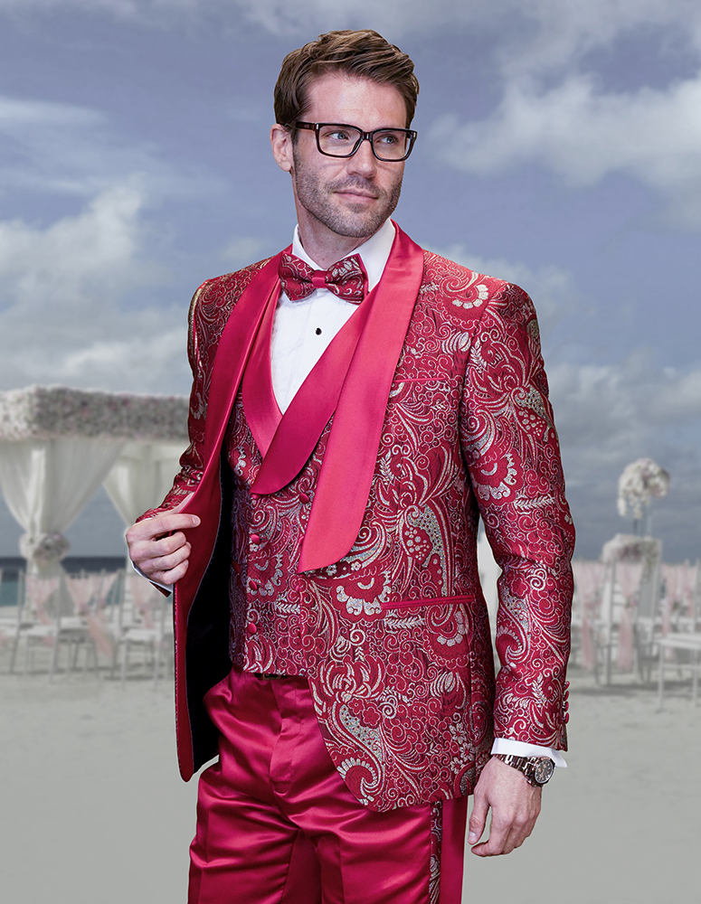 STATEMENT DELANO-4-RED 3PC TAILORED FIT 1 BUTTON MENS SHAWL LAPEL TUXEDO SUPER 150'S EXTRA FINE ITALIAN WOVEN FABRIC  INCLUDING BOW TIE 