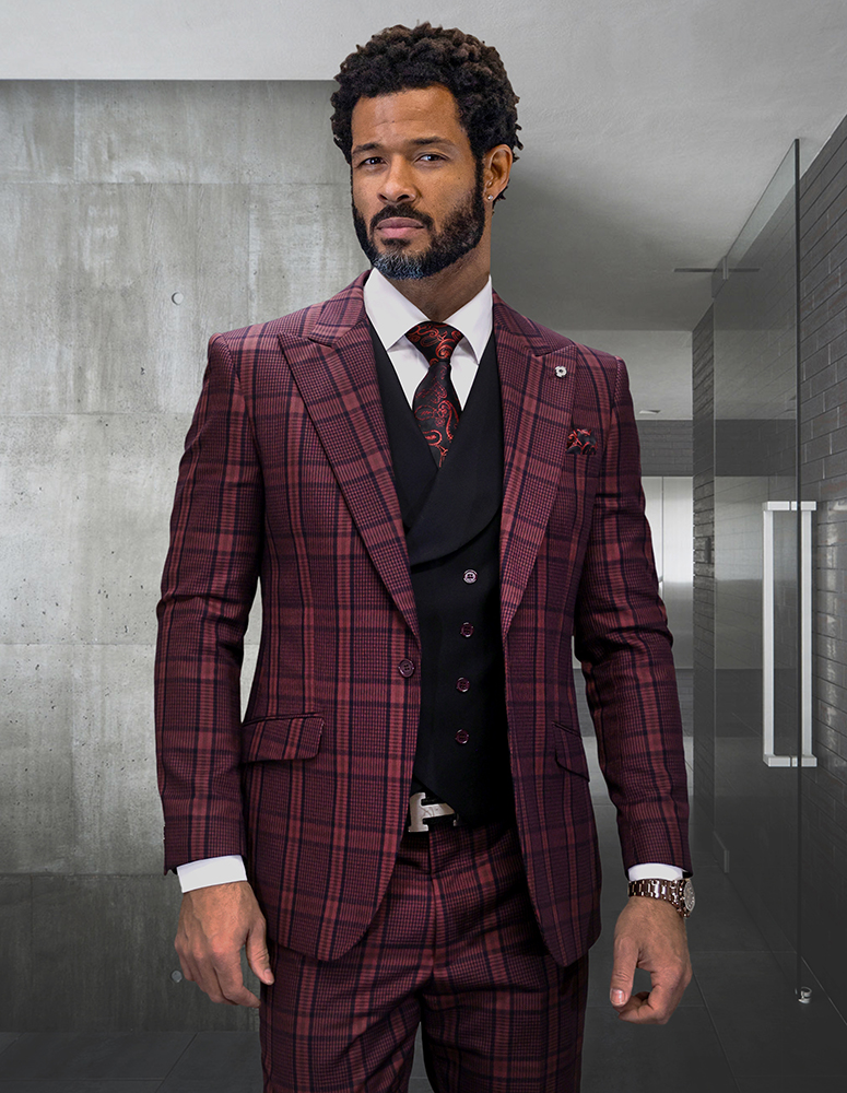 3PC PLAID SUIT WITH SOLID COLOR CONTRAST DOUBLE BREASTED VEST. SUPER 200'S ITALIAN WOOL AND CASHMERE FABRIC. MODERN FIT FLAT FRONT PANTS 