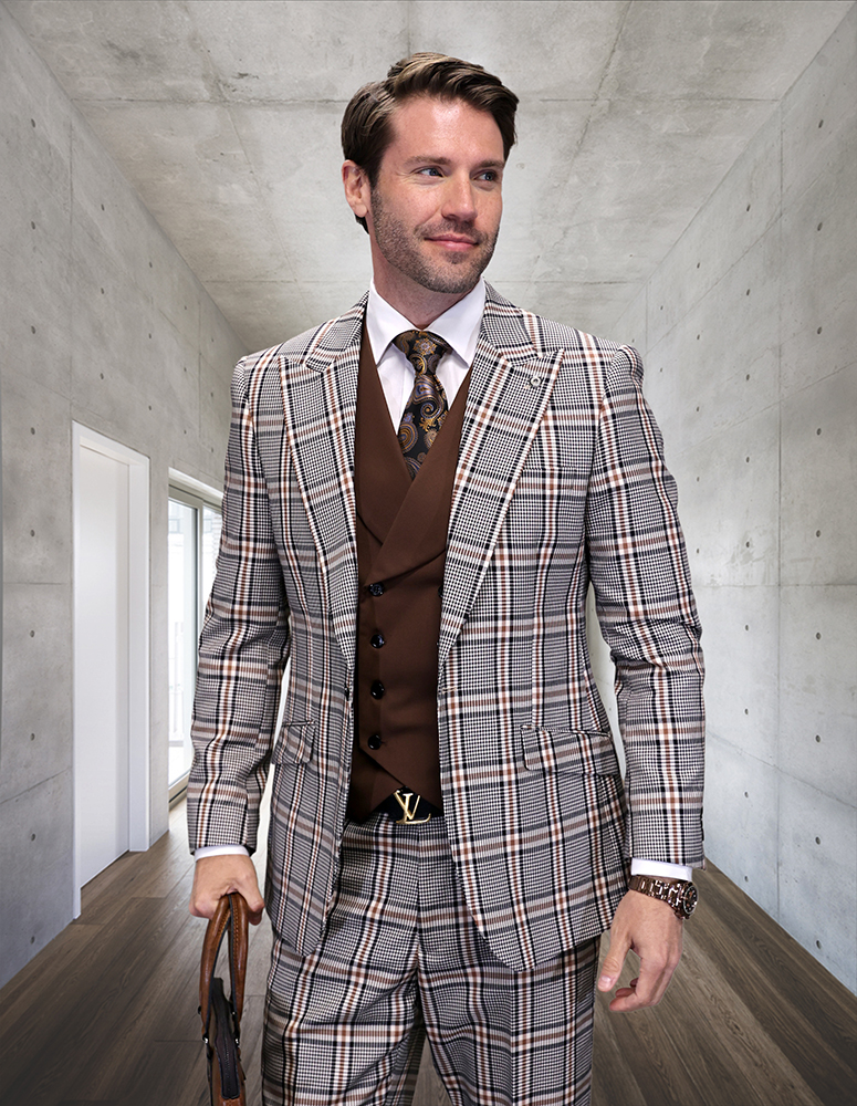 3PC PLAID SUIT WITH SOLID COLOR CONTRAST DOUBLE BREASTED VEST. SUPER 200'S ITALIAN WOOL AND CASHMERE FABRIC. MODERN FIT FLAT FRONT PANTS  