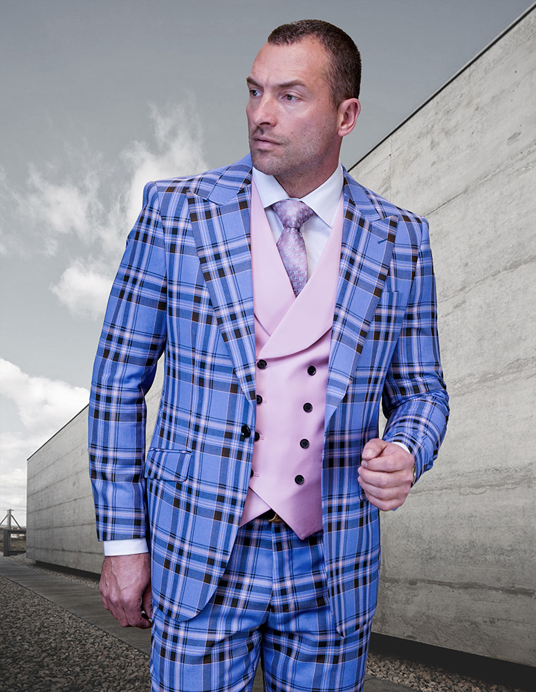 3PC PLAID SUIT WITH SOLID COLOR CONTRAST DOUBLE BREASTED VEST. SUPER 150'S  ITALIAN WOOL FABRIC. MODERN FIT FLAT FRONT PANTS :: SKY BLUE SUIT ::  ITALSUIT