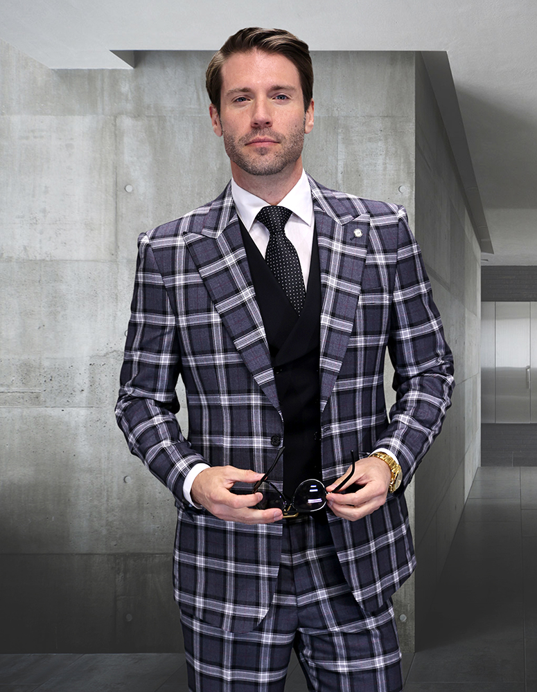 3PC PLAID SUIT WITH SOLID COLOR CONTRAST DOUBLE BREASTED VEST. SUPER 200'S ITALIAN WOOL AND CASHMERE FABRIC. MODERN FIT FLAT FRONT PANTS