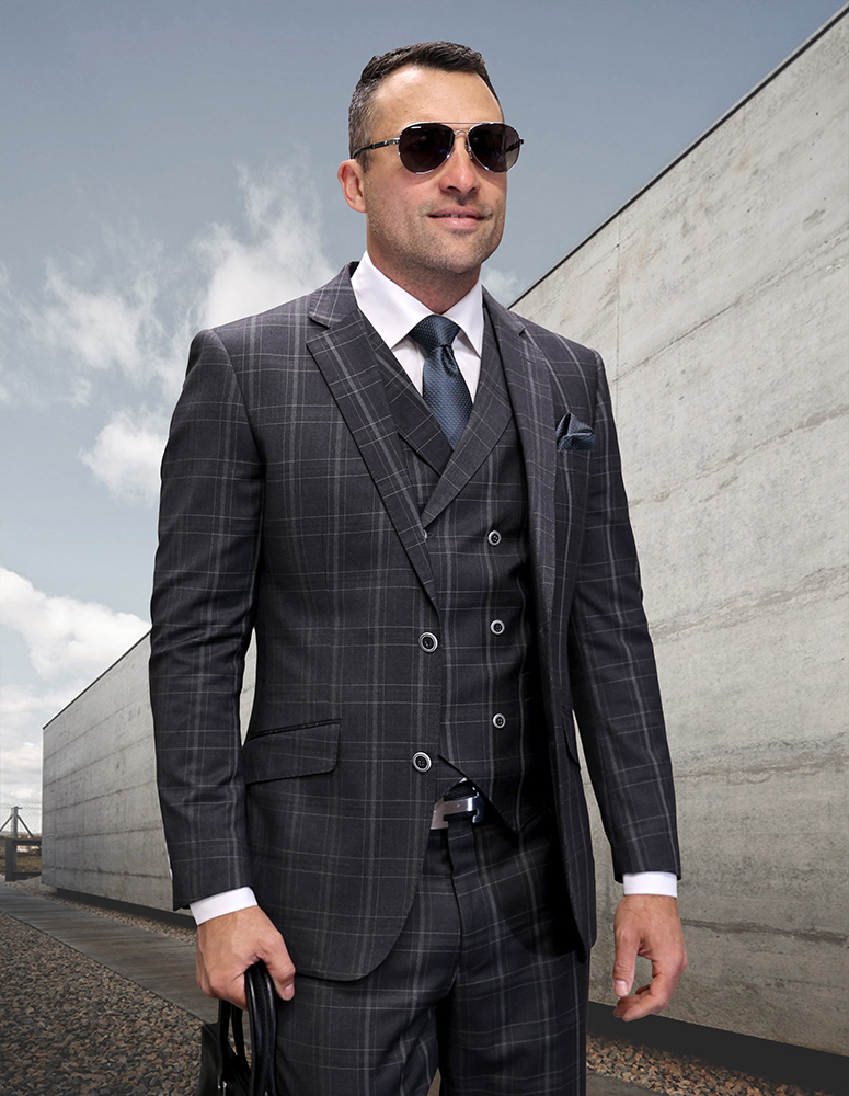 STATEMENT 3PC CHARCOAL SUIT WITH DOUBLE BREASTED VEST. SUPER 200'S ITALIAN WOOL AND CASHMERE FABRIC. MODERN FIT FLAT FRONT PANTS 