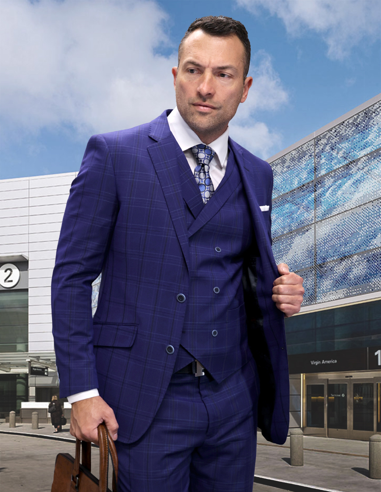 STATEMENT 3PC COBALT SUIT WITH DOUBLE BREASTED VEST. SUPER 200'S ITALIAN WOOL AND CASHMERE FABRIC. MODERN FIT FLAT FRONT PANTS 