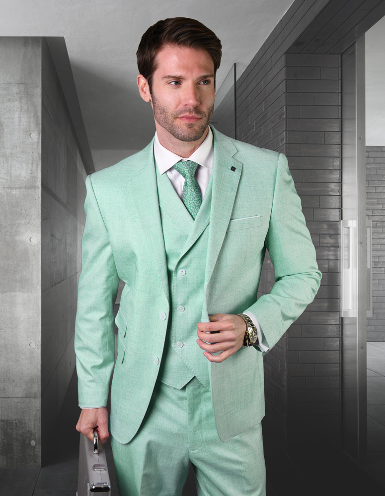 LANZO MINT 3PC VESTED SOLID COLOR, FLAT FRONT PANTS, 2 BUTTON SUPER 150'S, ITALIAN CONSERVATIVE SUITS 