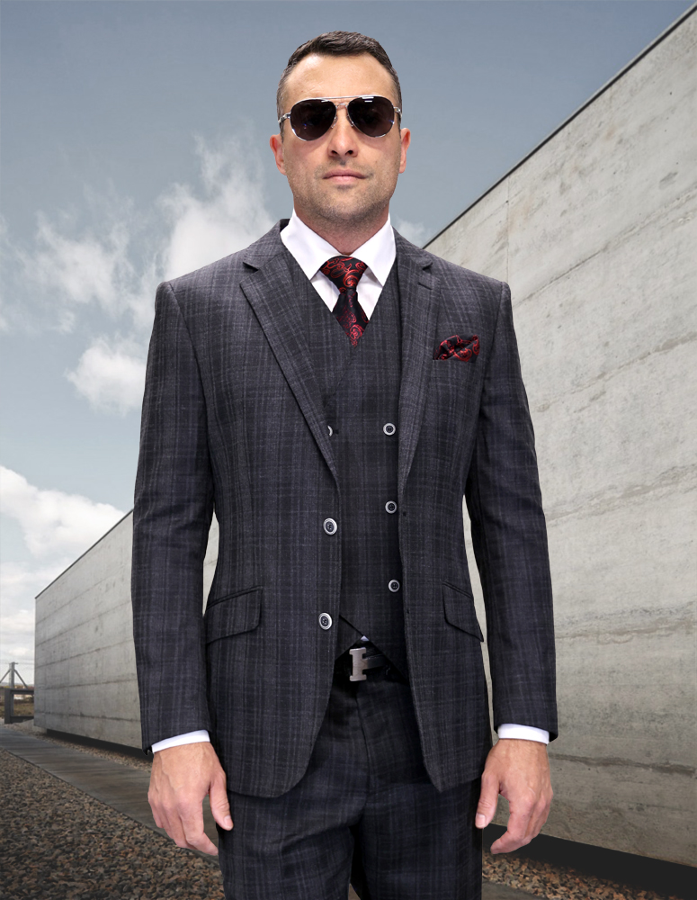 STATEMENT 3PC CHARCOAL SUIT WITH DOUBLE BREASTED VEST. SUPER 200'S ITALIAN WOOL AND CASHMERE FABRIC. MODERN FIT FLAT FRONT PANTS