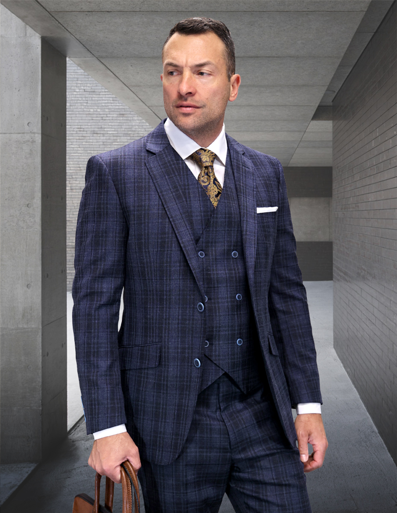 STATEMENT 3PC SAPPHIRE SUIT WITH DOUBLE BREASTED VEST. SUPER 200'S ITALIAN WOOL AND CASHMERE FABRIC. MODERN FIT FLAT FRONT PANTS 
