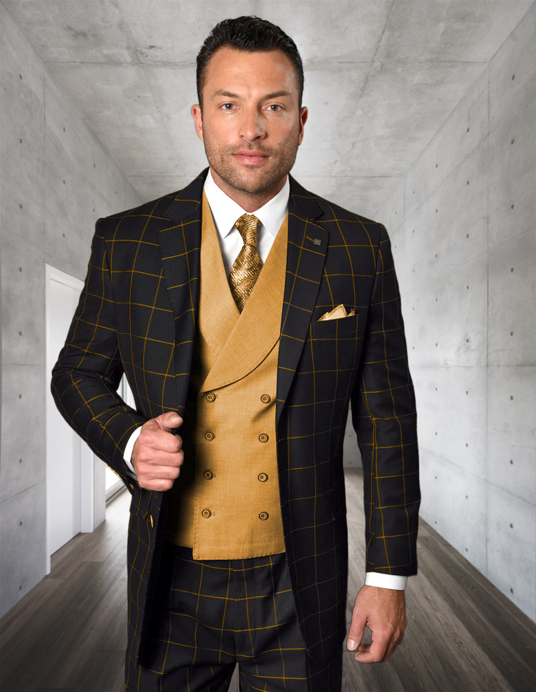 STATEMENT CONFIDENCE 3PC PLAID SUIT WITH MATCHING SOLID COLOR DOUBLE BREASTED VEST. SUPER 200'S ITALIAN WOOL & CASHMERE. MODERN FIT FLAT FRONT PANTS 