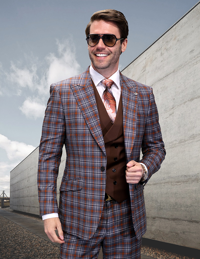 3PC PLAID SUIT WITH SOLID COLOR CONTRAST DOUBLE BREASTED VEST. SUPER 200'S ITALIAN WOOL AND CASHMERE FABRIC. MODERN FIT FLAT FRONT PANTS  