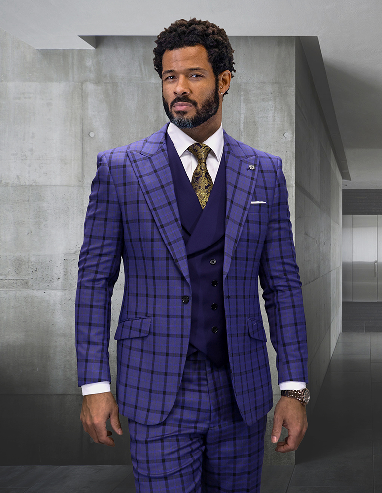 3PC PLAID SUIT WITH SOLID COLOR CONTRAST DOUBLE BREASTED VEST. SUPER 200'S ITALIAN WOOL AND CASHMERE FABRIC. MODERN FIT FLAT FRONT PANTS 