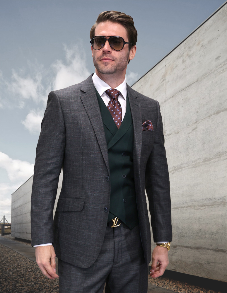 STATEMENT 3PC SUIT WITH MATCHING HUNTER VEST TAILORED FIT FLAT FRONT PANTS. HAND MADE SUPER 200'S ITALIAN WOOL FABRIC 