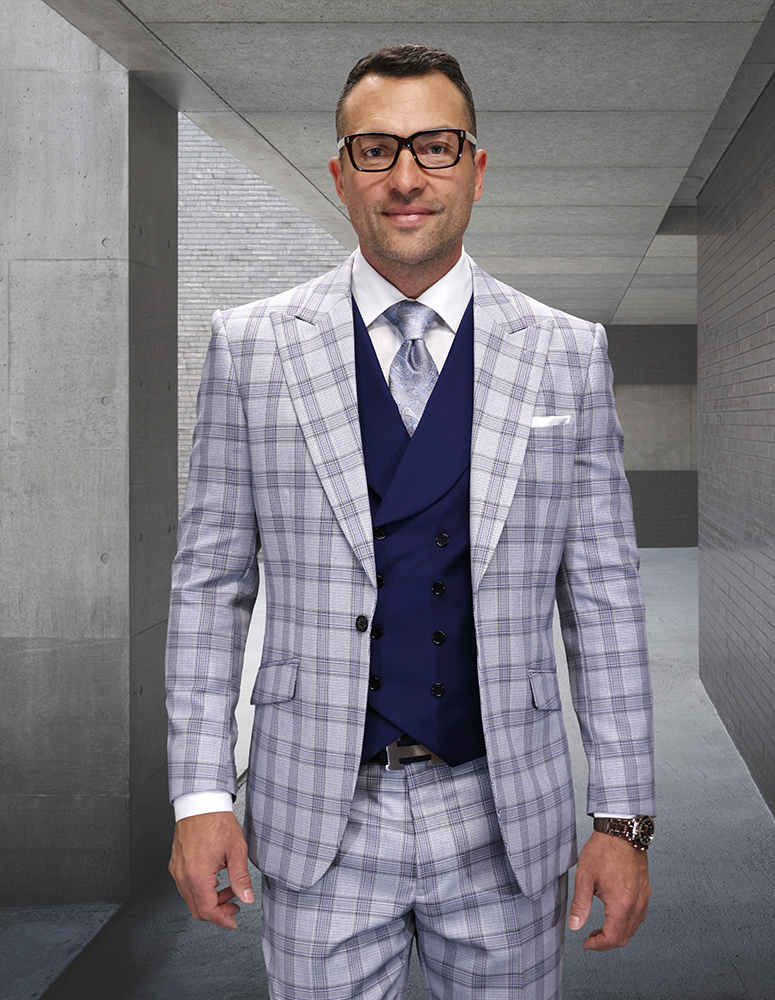 3PC PLAID SUIT WITH SOLID COLOR CONTRAST DOUBLE BREASTED VEST. SUPER 200'S ITALIAN WOOL AND CASHMERE FABRIC. MODERN FIT FLAT FRONT PANTS 