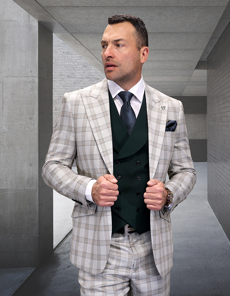 3PC PLAID SUIT WITH SOLID COLOR CONTRAST DOUBLE BREASTED VEST. SUPER 200'S ITALIAN WOOL AND CASHMERE FABRIC. MODERN FIT FLAT FRONT PANTS 