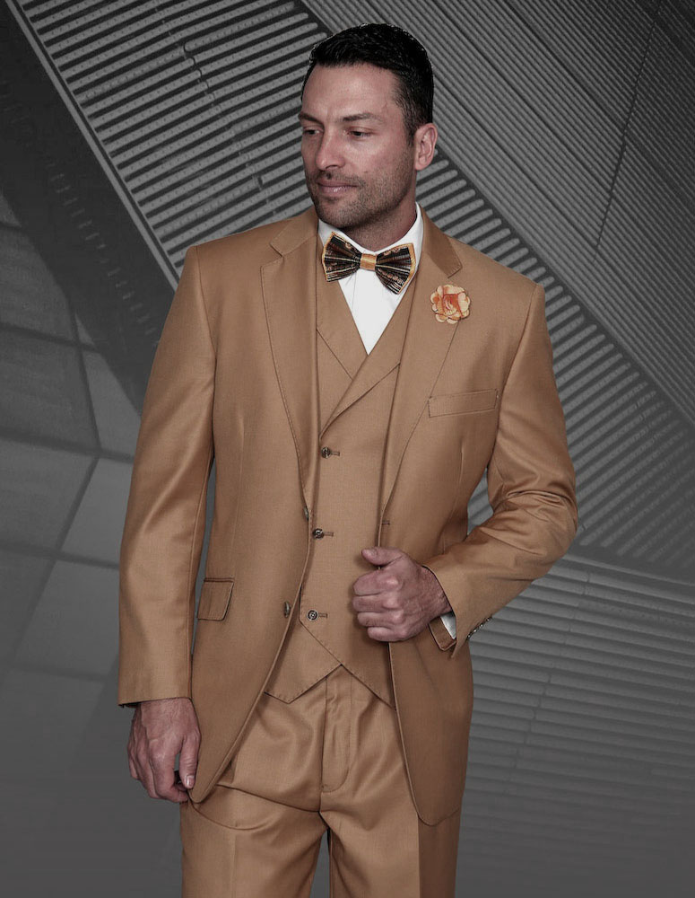 MESSINA 3PC 2 BUTTON CARAMEL MENS SUIT WITH DOUBLE BREASTED VEST SUPER 150'S EXTRA FINE ITALIAN  REGULAR FIT PLEATED PANTS