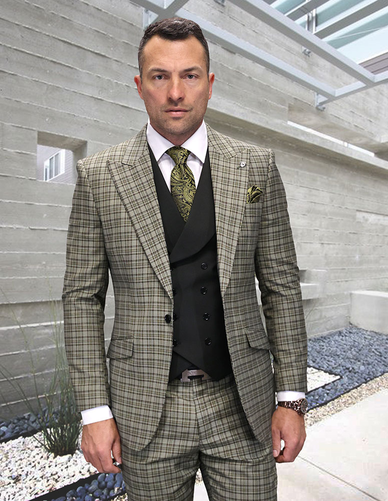 3PC PLAID SUIT WITH SOLID COLOR CONTRAST DOUBLE BREASTED VEST. SUPER 200'S ITALIAN WOOL AND CASHMERE FABRIC. MODERN FIT FLAT FRONT PANTS  