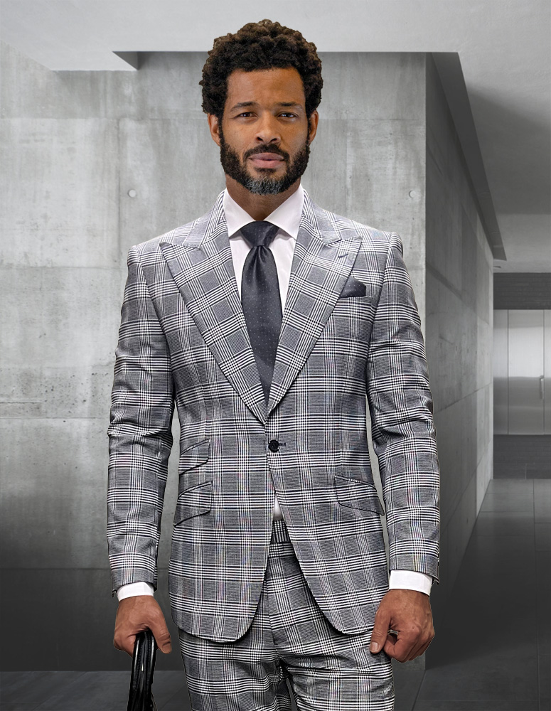 STATEMENT CONFIDENCE 2PC GRAY AND BLACK PLAID SUITS SUPER 200'S ITALIAN WOOL AND CASHMERE. MODERN FIT FLAT FRONT PANTS  