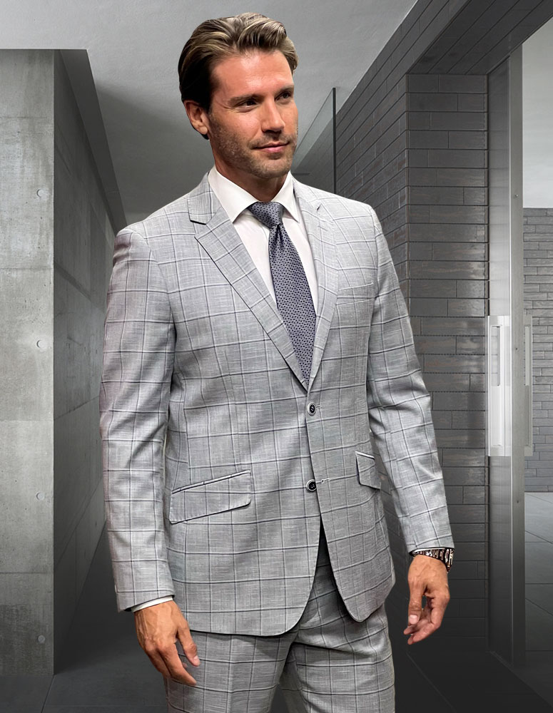 STATEMENT CONFIDENCE 2PC GREY PLAID SUITS SUPER 200'S ITALIAN WOOL