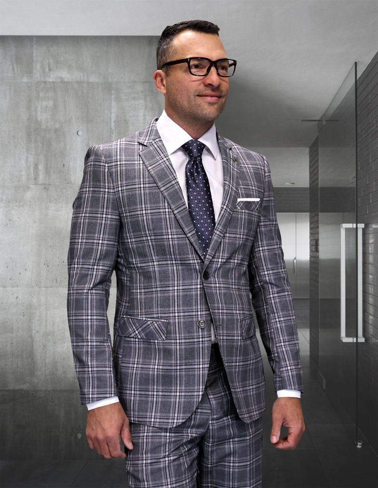 STATEMENT CONFIDENCE 2PC TAUPE PLAID SUITS SUPER 200'S ITALIAN WOOL AND CASHMERE. MODERN FIT FLAT FRONT PANTS