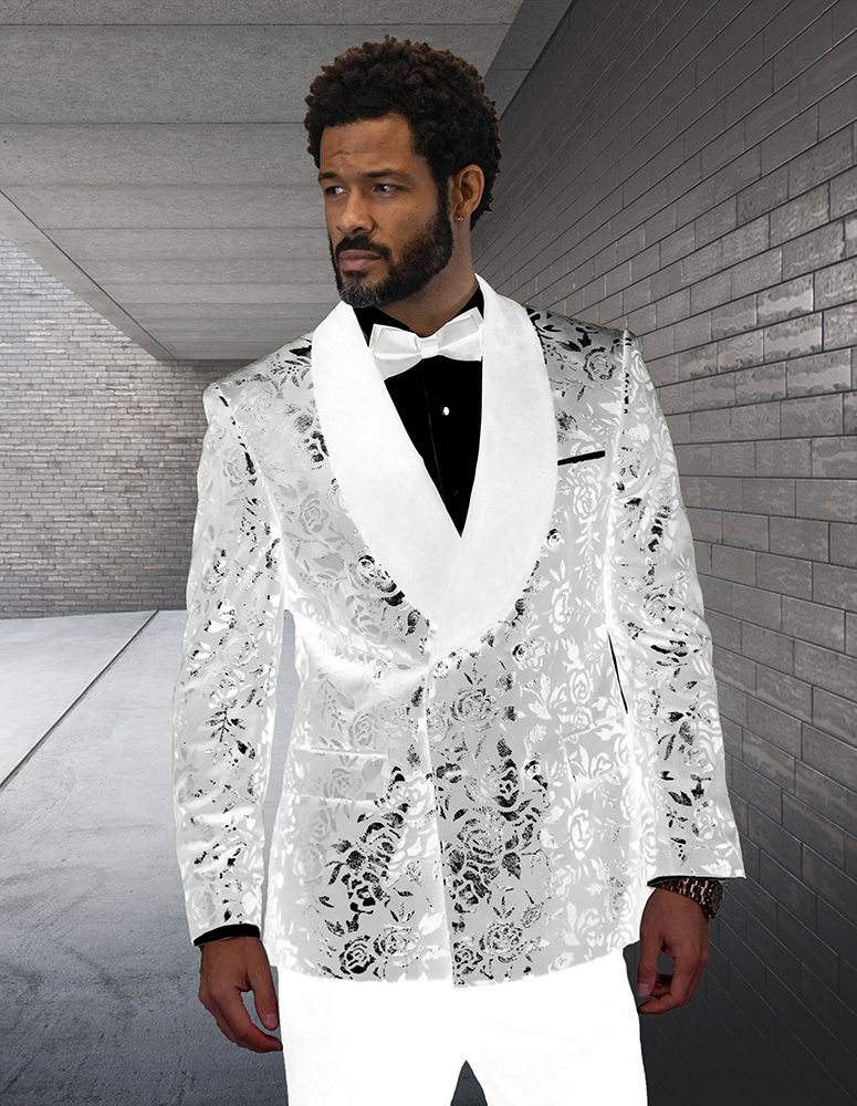  2PC DOUBLE BREASTED SHAWL LAPEL TUXEDO. PANTS WITH SIDE TRIM ON THE SIDE