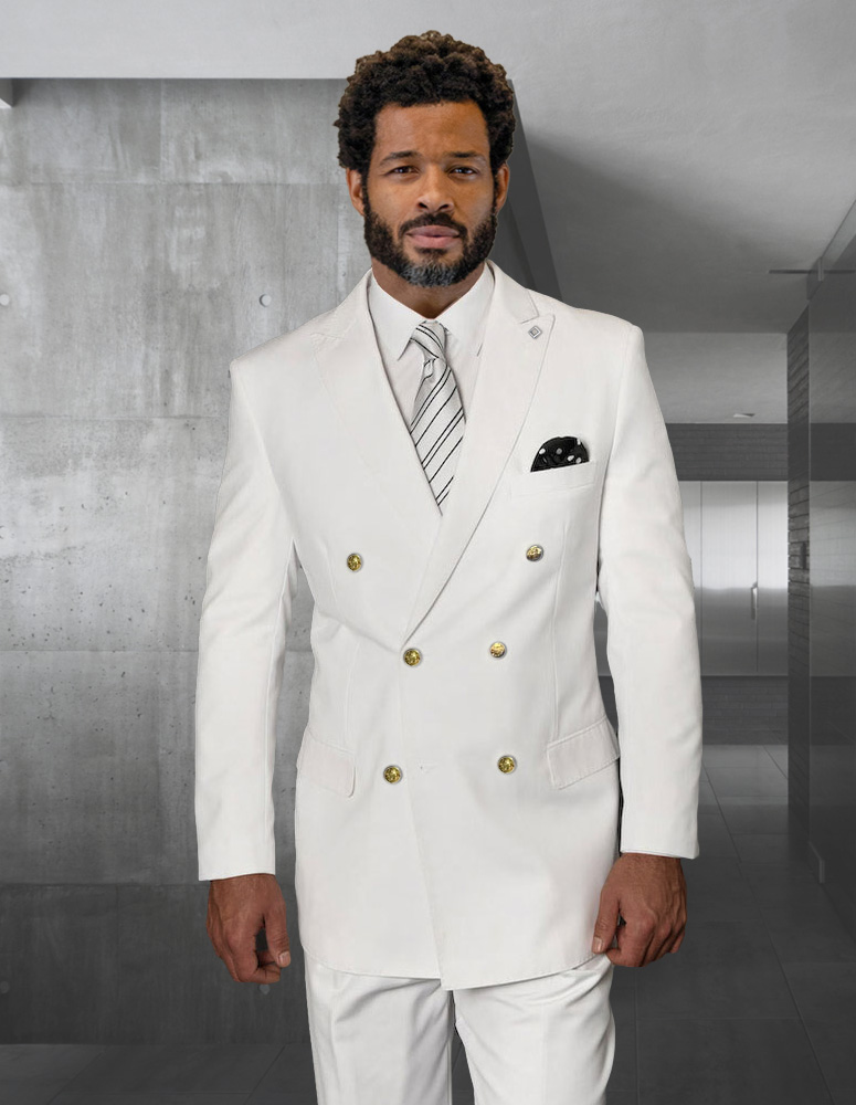 2PC ITALIAN WHITE DOUBLE BREASTED SUIT WITH GOLD BUTTONS MODERN FIT. FLAT FRONT PANTS SUPER 180'S ITALIAN WOOL FABRIC 