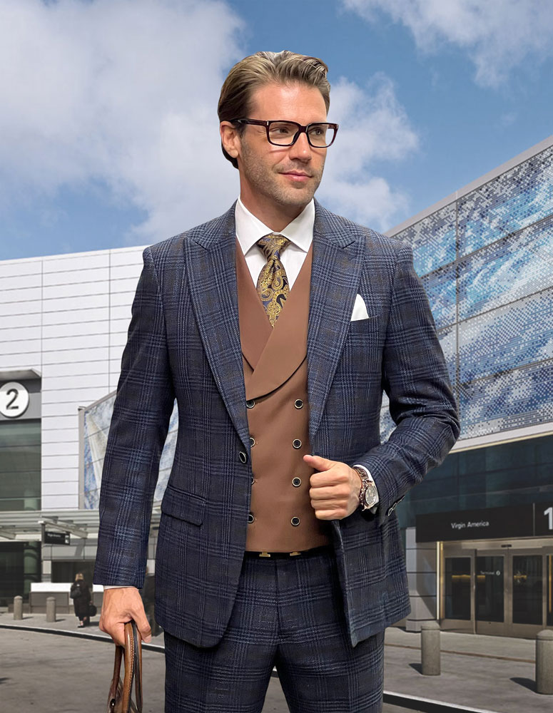 3PC SINGLE BREASTED 1 BUTTON PEAK LAPEL PLAID SUIT WITH SOLID COLOR MATCHING VEST. SUPER 200'S ITALIAN WOOL AND CASHMERE. MODERN FIT FLAT FRONT PANTS  