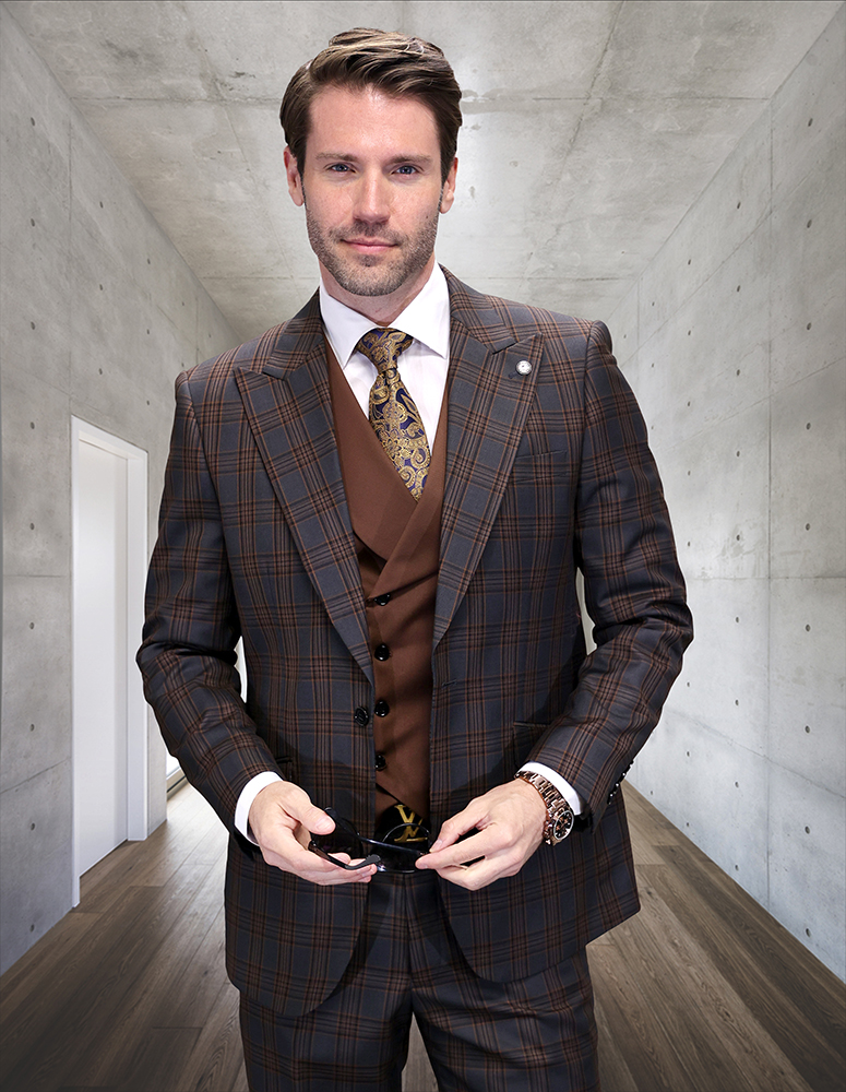 3PC PLAID SUIT WITH SOLID COLOR CONTRAST DOUBLE BREASTED VEST. SUPER 200'S ITALIAN WOOL AND CASHMERE FABRIC. MODERN FIT FLAT FRONT PANTS 