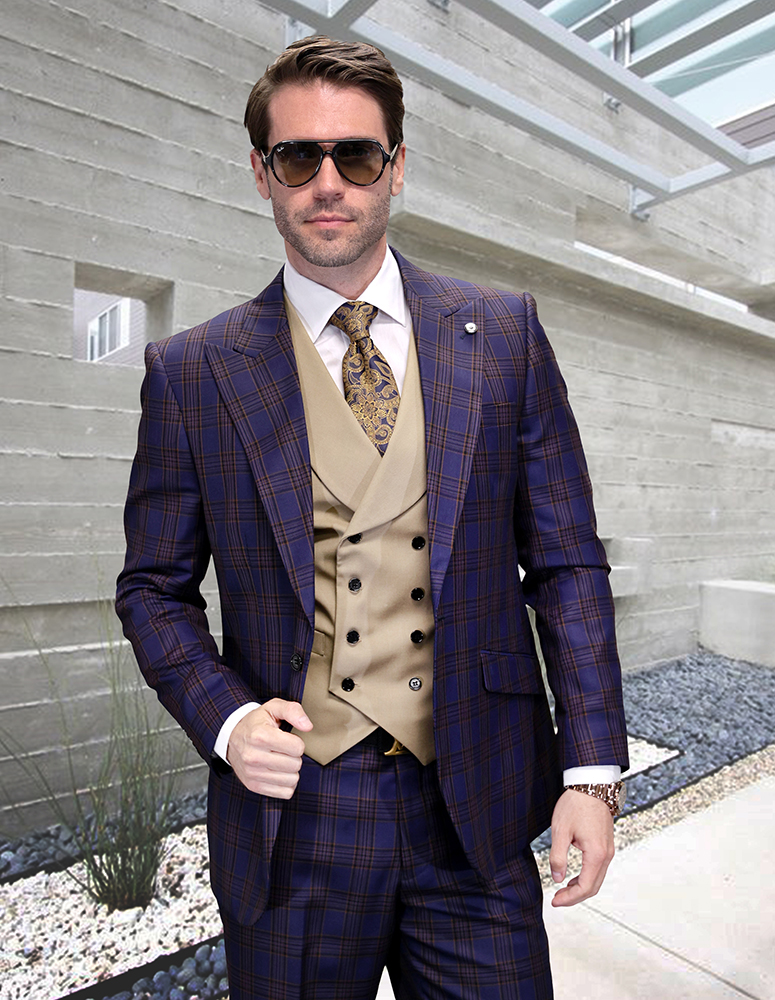 3PC PLAID SUIT WITH SOLID COLOR CONTRAST DOUBLE BREASTED VEST. SUPER 200'S ITALIAN WOOL AND CASHMERE FABRIC. MODERN FIT FLAT FRONT PANTS 