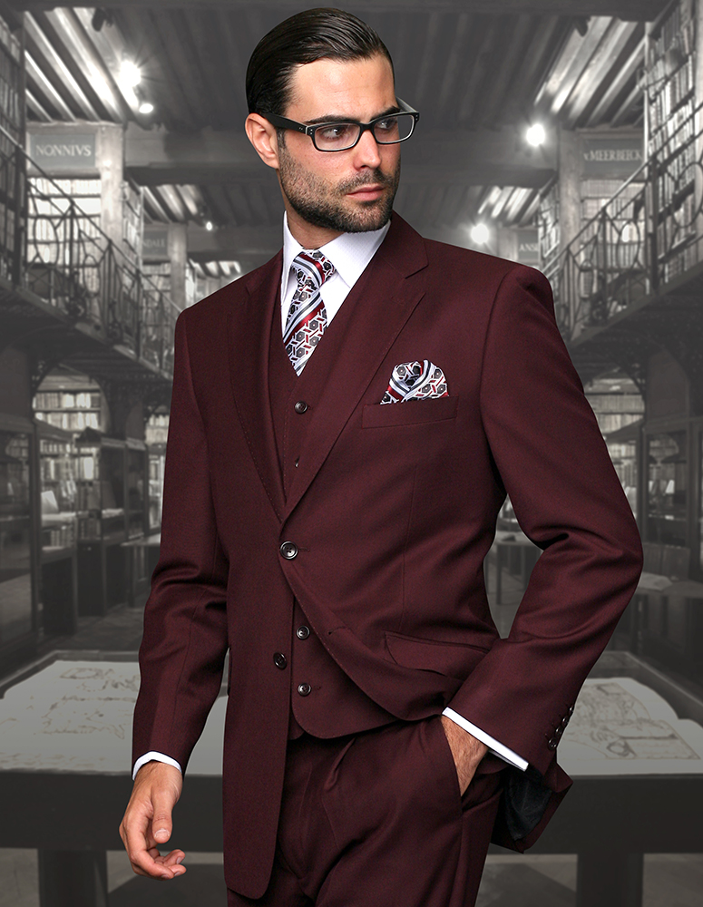 STATEMENT RED 3PC 2 BUTTON SOLID COLOR MENS SUIT WITH DOUBLE