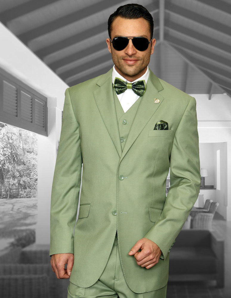 STATEMENT APPLE GREEN 3PC 2 BUTTON SOLID COLOR MENS SUIT. SUPER 180'S EXTRA FINE ITALIAN WOOL   