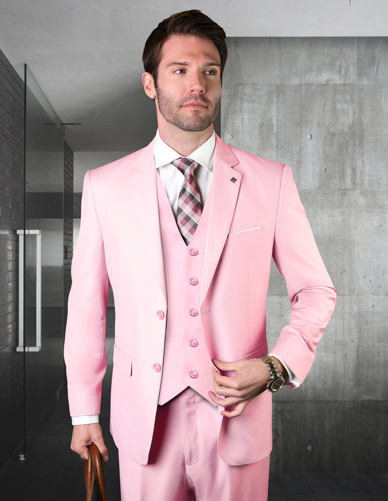 STATEMENT PINK 3PC 2 BUTTON SOLID COLOR MENS SUIT. SUPER 180'S EXTRA FINE ITALIAN WOOL   