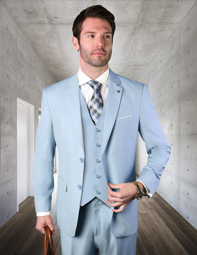 STATEMENT POWDER BLUE 3PC 2 BUTTON SOLID COLOR  MENS SUIT. SUPER 180'S EXTRA FINE ITALIAN WOOL  