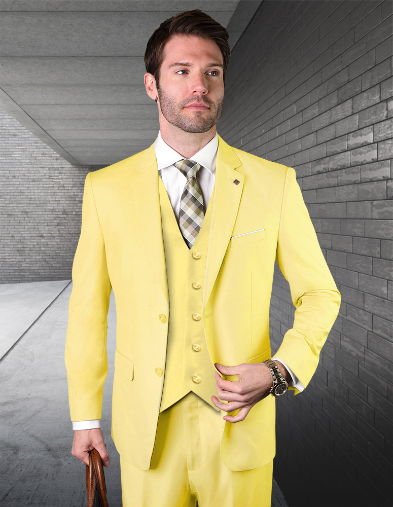 STATEMENT YELLOW 3PC 2 BUTTON SOLID COLOR MENS SUIT SUPER 180'S EXTRA FINE ITALIAN WOOL  