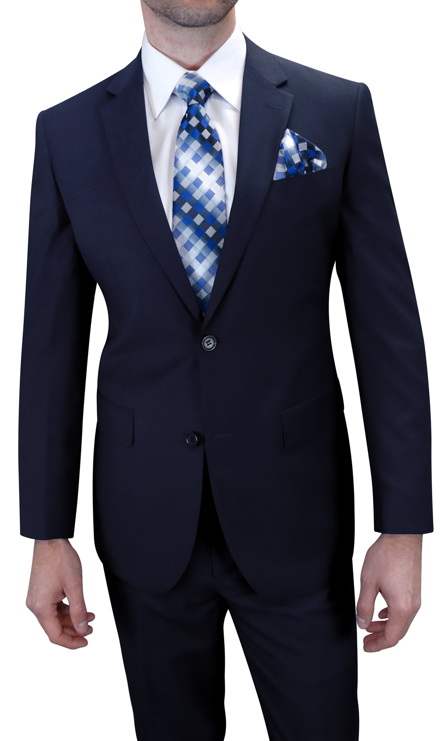 2PC SOLID COLOR NAVY SUIT MODERN FIT FLAT FRONT PANTS 