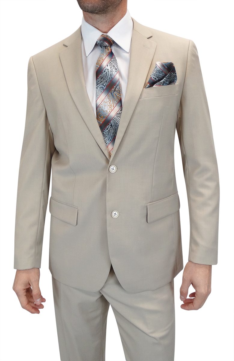 2PC SOLID COLOR TAN SUIT MODERN FIT FLAT FRONT PANTS 