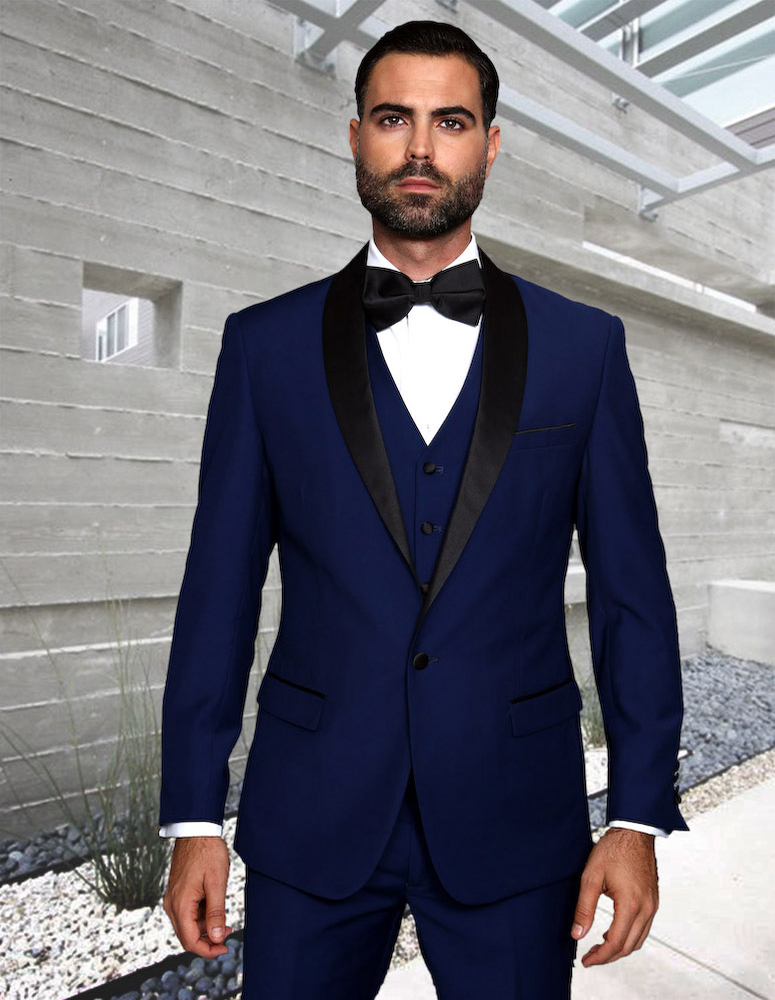 Mens Vested Shawl Lapel Tuxedo With Satin Trim in Sapphire Blue