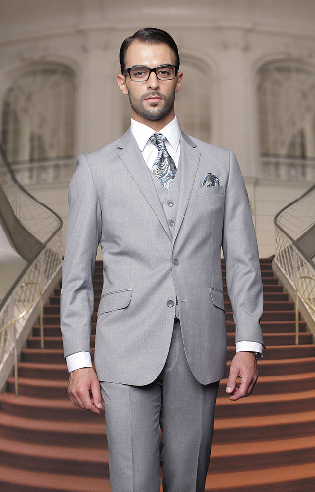 TZ-100BG CLASSIC 3PC 2 BUTTON SOLID GRAY MENS SUIT SUPER 150'S EXTRA FINE ITALIAN FABRIC 