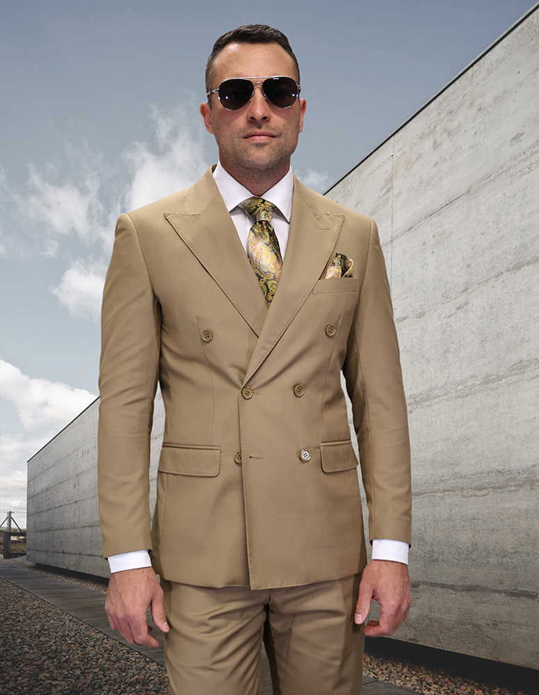 TZD-100 CARAMEL CLASSIC DOUBLE BREASTED SOLID COLOR MENS SUIT BY STATEMENT. SUPER 150'S EXTRA FINE ITALIAN WOOL HAND MADE 