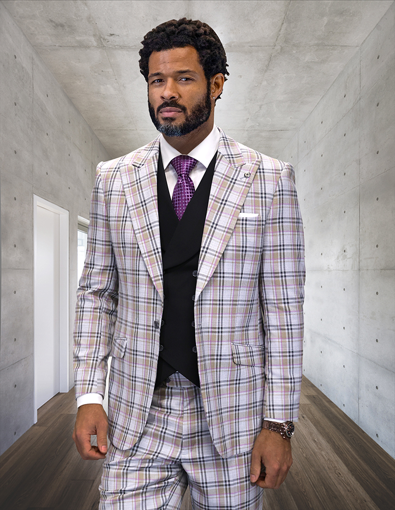 3PC PLAID SUIT WITH SOLID COLOR CONTRAST DOUBLE BREASTED VEST. SUPER 200'S ITALIAN WOOL AND CASHMERE FABRIC. MODERN FIT FLAT FRONT PANTS 