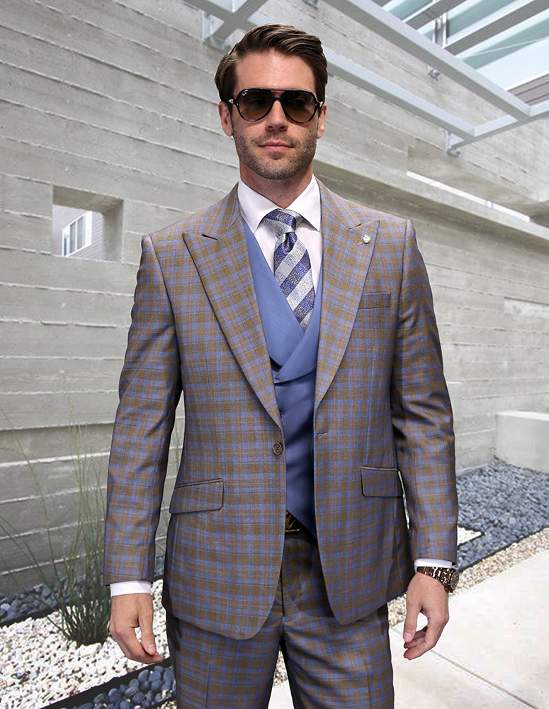 3PC PLAID SUIT WITH SOLID COLOR CONTRAST DOUBLE BREASTED VEST. SUPER 200'S ITALIAN WOOL AND CASHMERE FABRIC. MODERN FIT FLAT FRONT PANTS 