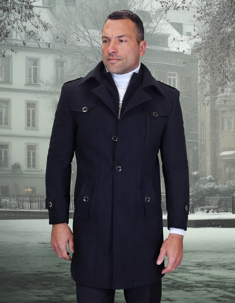 BLACK 3 BUTTON SINGLE JACKET OVER COAT. WOOL AND CASHMERE