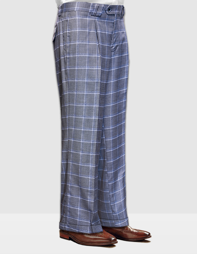 GREY PLAID WIDE LEG DRESS PANTS REGULAR FIT SUPER 150'S ITALIAN WOOL FABRIC   